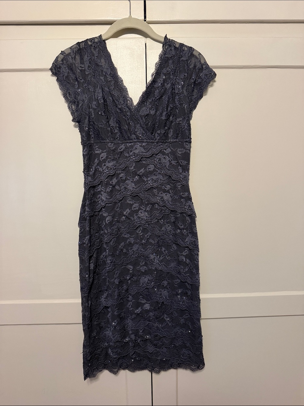 MARINA Slate Blue Lace V-Neck Cocktail Dress